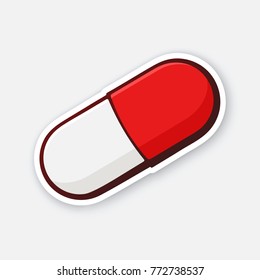 Vector illustration. Red and white pill. Capsule with medicine. Care for health. Traditional medicine. Sticker with contour. Isolated on white background