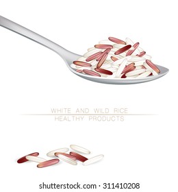 Vector illustration of red and white rice mix in a spoon. A spoonful of rice. 
Asian traditional food of Japan, Korea and China. Healthy dietary eating. 