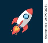 Vector illustration of a red and white rocket blasting off, symbolizing startup launch, rapid business growth, innovation, and space exploration.