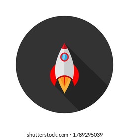 Vector illustration of a red and white rocket in gray circle. Icon of a rocket