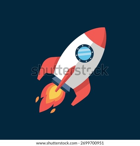 Vector illustration of a red and white rocket blasting off, symbolizing startup launch, rapid business growth, innovation, and space exploration.