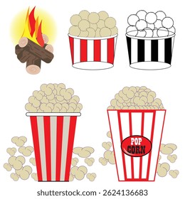 Eine Vektorgrafik einer rot-weiß gestreiften Popcornbox mit verstreuten Körnern
