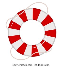 Vector illustration of red and white striped lifebuoy with ropes on white background.