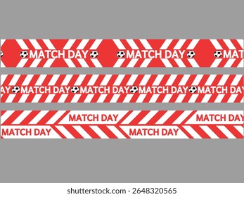 Vector illustration of a red and white striped warning ribbon banner with the word "game day" and a soccer ball icon. This dynamic design is perfect for sports related content, sports event promotions