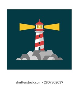 Vector illustration of a red and white striped lighthouse standing on a rocky outcrop, emitting bright beams of light.