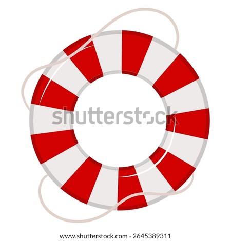 Vector illustration of red and white striped lifebuoy with ropes on white background.