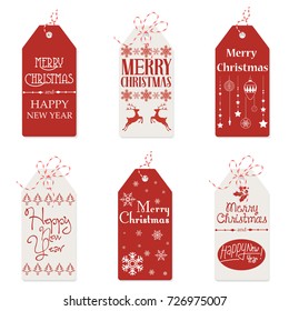 Vector illustration of red and white tags with small drawings and Merry Christmas words.