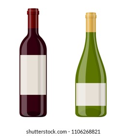 Vector illustration of a red and white wine bottles isolated on white background. Alcoholic drink in flat cartoon style.