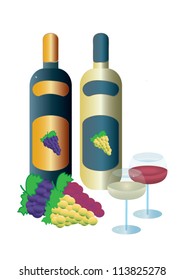 Vector illustration of red and white wine bottles together with grapes and wine glasses, isolated on white background