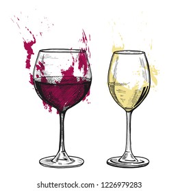 Vector illustration of a red and white wine glass with a splash of color paint. Dynamic vibrant illustration in hand drawn engraving style.