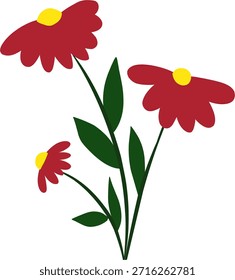 Ilustración vectorial de flores silvestres rojas con hojas verdes en un estilo botánico limpio. Ideal para composiciones florales, diseños de naturaleza, invitaciones, estampados y proyectos decorativos.