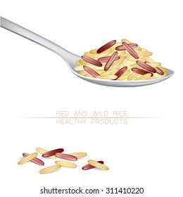 Vector illustration of red and wild rice mix in a spoon. A spoonful of rice. Asian traditional food of Japan, Korea and China. Healthy dietary eating. 