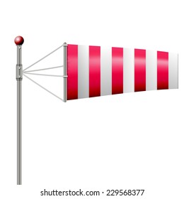 Vector illustration of red windsock. Single red striped windsock by wind. Isolated vector illustration on white.