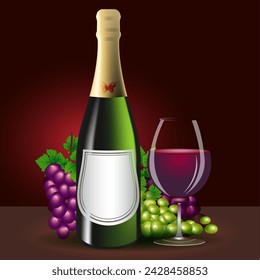 Ilustración vectorial de vino tinto en hermosas botellas y vasos para beber.