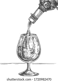 Vector illustration of the red wine being poured into a glass. Alcohol serving and drinking degustation by professional sommelier. Vintage hand drawn engraving style.