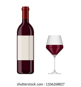 Vector illustration of a red wine bottle and glass isolated on white background. Alcoholic drink in flat cartoon style.