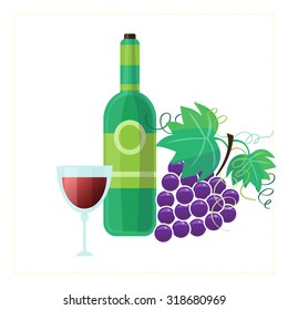 Vector illustration of a red wine bottle with a wine glass and dark grape vine. Website illustration, menu design element, vector icon.