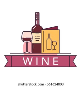 Vector illustration of the red wine bottle with wine glass and menu on white background with lettering. Alcohol drinks and beverages topic.