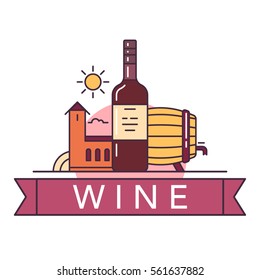 Vector illustration of the red wine bottle, vinery and wine box on white background with lettering. Alcohol drinks and beverages topic. 