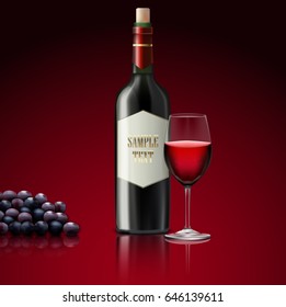 Vector illustration of  Red wine with bottle of champagne and grapes