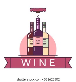 Vector illustration of the red wine bottles with corkscrew on one of them on white background with lettering. Alcohol drinks and beverages topic.