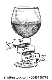 Vector illustration of red wine glass with a ribbon around it with the inscription of Latin saying In vino veritas which means In wine is the truth. Vintage hand drawn engraving style.