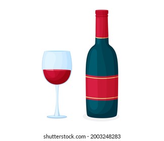 Vector illustration of red wine with a glass in cartoon style. The image is isolated on a white background. Alcoholic drink.
