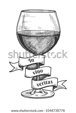 Vector illustration of red wine glass with a ribbon around it with the inscription of Latin saying In vino veritas which means In wine is the truth. Vintage hand drawn engraving style.
