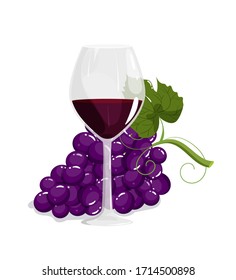 Vector illustration of red wineglass, and bunch of purple grapes for infographics, design, web.