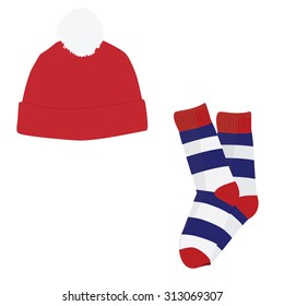 Vector illustration of red winter hat with white pompom and striped socks . Winter clothes icon set