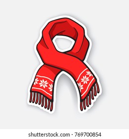 Vector illustration. Red winter scarf with snowflake pattern. Christmas accessory made of wool for cold weather. Sticker in cartoon style with contour. Isolated on white background