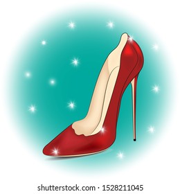 Vector illustration of a red women's shoe with glares on a green background. EPS 10.
