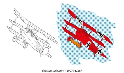 Vector illustration of a red world war I plane over blue sky. Design for children's books.