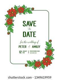 Vector illustration red wreath frames blooms with wedding invitation save the date cards hand drawn