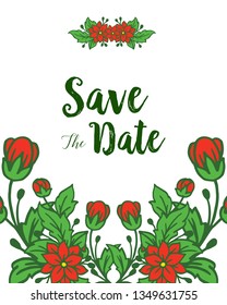Vector illustration red wreath frames blooms with wedding invitation save the date cards hand drawn