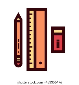 Vector illustration of red writing tools on white background. Pencil eraser ruler