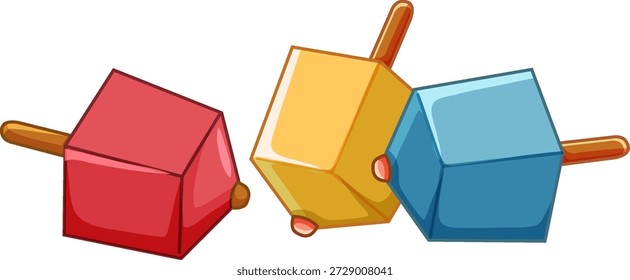 Ilustração vetorial de dreidels de madeira vermelhos, amarelos e azuis isolados sobre fundo branco