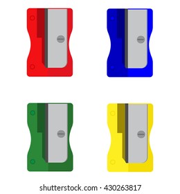 Vector illustration red, yellow, blue and green pencil sharpener isolated on white background. Sharpener vector icon set flat design