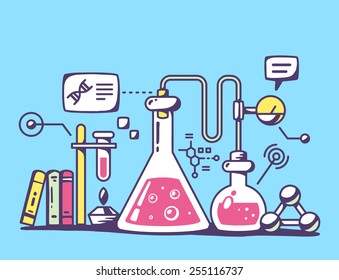 Vector illustration of red and yellow chemical laboratory flasks on blue background. Bright color line art design for web, site, advertising, banner, flyer, poster, board and print.