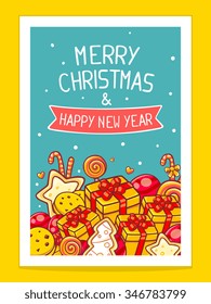 Vector illustration of red and yellow christmas items and hand written text on dark blue background with white snowflakes.Bright color.Hand draw line art design for web, site, poster and greeting card