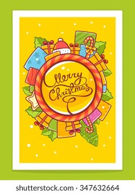 Vector illustration of red and yellow christmas items around world and hand written text on yellow background with white snowflakes.Hand draw line art design for brochure,template,poster and card