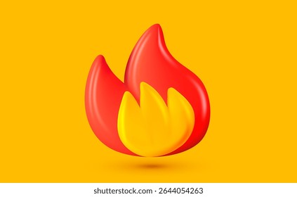 Vector illustration of red and yellow color burning flame of fire. Bonfire or campfire flame symbol on yellow background. 3d cartoon style design of glossy emoji fire for web, banner, poster, network