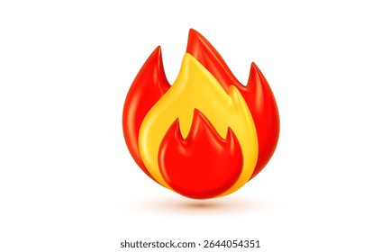 Vector illustration of red and yellow color burning flame of fire. Shine glossy emoji fire on white background. Bonfire or campfire flame symbol. 3d cartoon style design for banner, poster, network