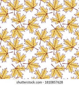 vector illustration red yellow maple autumn nature foliage leaves repeat seamless pattern doodle cartoon style. Great for fabric packaging wallpaper