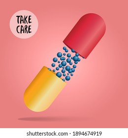 Vector illustration of Red and yellow opened glossy parts of capsule on the pink background.