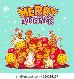 Vector illustration of red and yellow pile of christmas items and hand written text on green background. Hand draw line art design for web,site,banner,poster,board, postcard, print and greeting card. 
