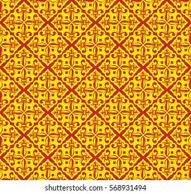 Vector illustration red and yellow seamless background with lily (fleur de lys) for print fabric or poster