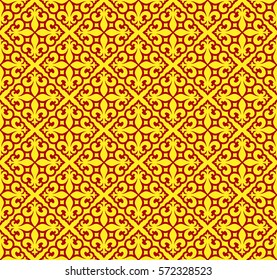 Vector illustration red and yellow seamless background with lily (fleur de lys) for print fabric or poster