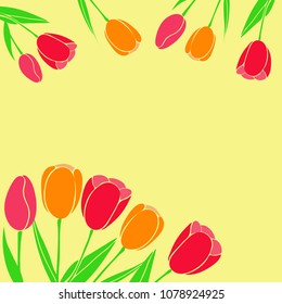 Vector illustration of red yellow tulips used as a postcard in Mother's day, Tulip festival, decor element. Flat design.