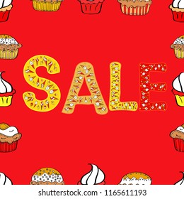 Vector. Illustration in red, yellow and white colors. SALE Promotion banner, price tag, discount sticker, badge, poster. Seamless. VIP SALE starts today promo banner with lettering word SALE.